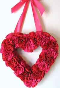 Gathered Fabric Roses Valentine Heart Wreath